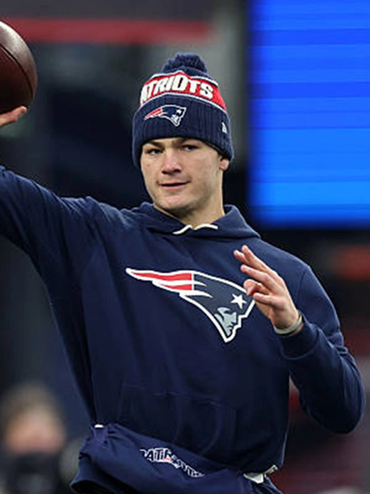 Drake Maye style New England Patriots navy fleece pullover hoodie inspired by 2025 sideline apparel