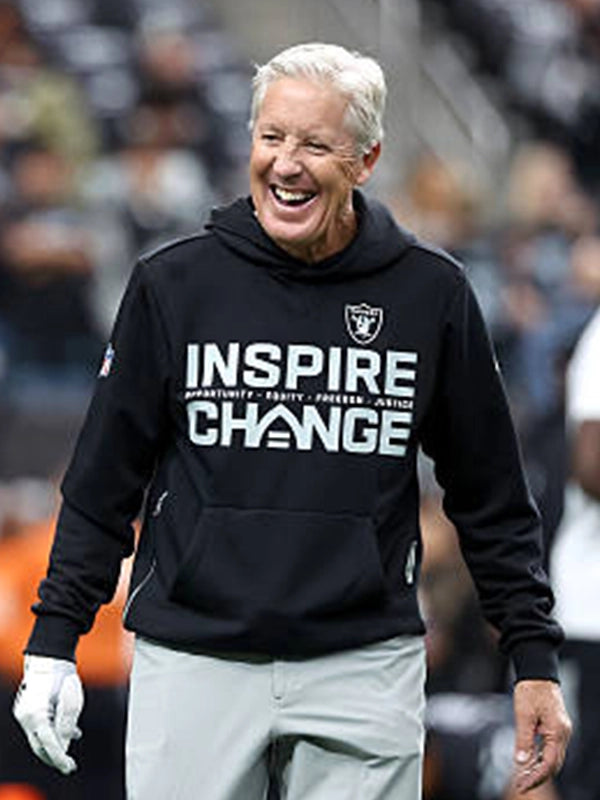 Pete Carroll inspired black sideline hoodie featuring Las Vegas Raiders Inspire Change 2025 design by Nike
