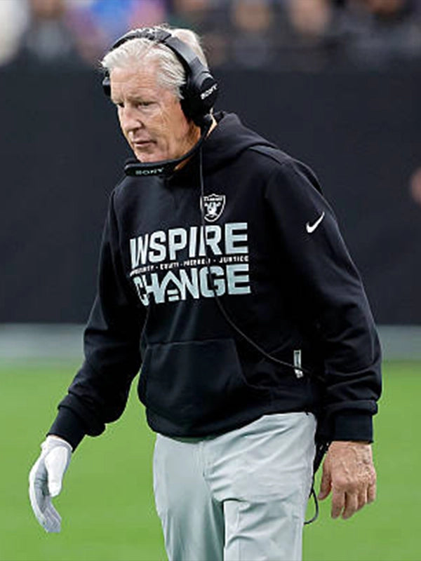 Las Vegas Raiders black Inspire Change sideline hoodie inspired by Pete Carroll 2025 coaching style