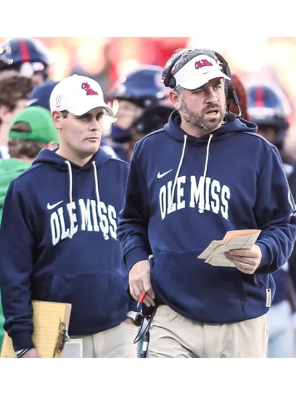 Recreated Ole Miss Nike hoodie in navy inspired by Pete Golding sideline style