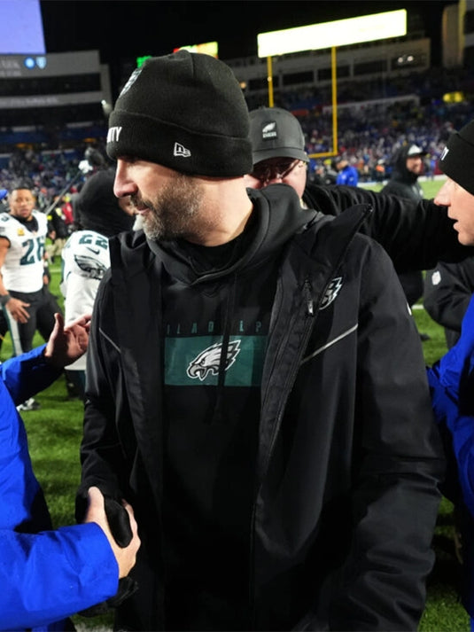 Recreated Eagles outerwear inspired by Nick Sirianni featuring hooded structure and zip-up profile