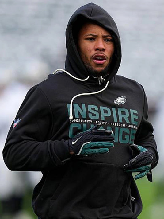 Philadelphia Eagles 2025 Inspire Change black Nike sideline hoodie inspired by Saquon Barkley featuring Opportunity Equity Freedom Justice lettering