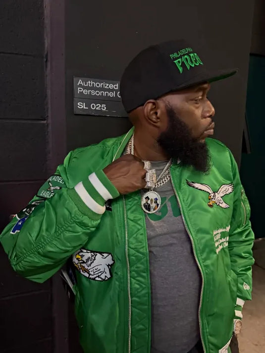 Green Philadelphia Eagles bomber jacket recreated from Philly Freeway’s signature look.