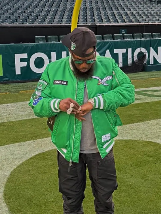 Philly Freeway-inspired Philadelphia Eagles bomber jacket in green recreated design.
