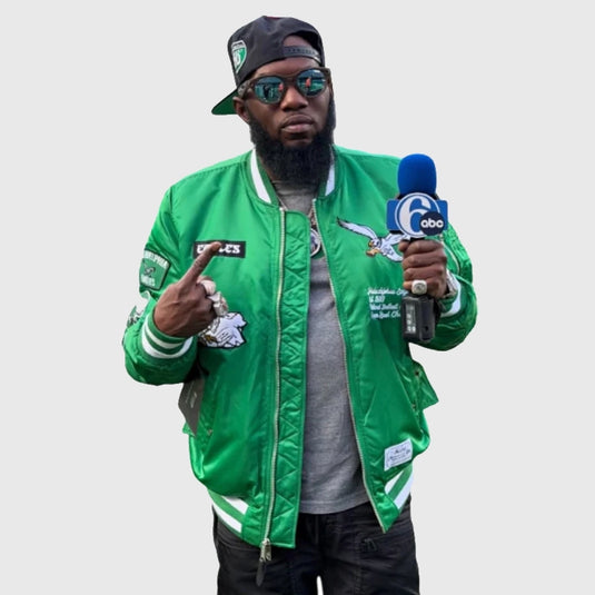 Recreated green bomber jacket based on Philly Freeway’s Philadelphia Eagles outfit.
