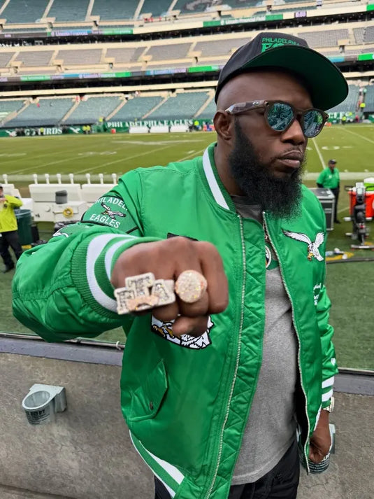 Philadelphia Eagles green bomber jacket recreated in the style worn by Philly Freeway.