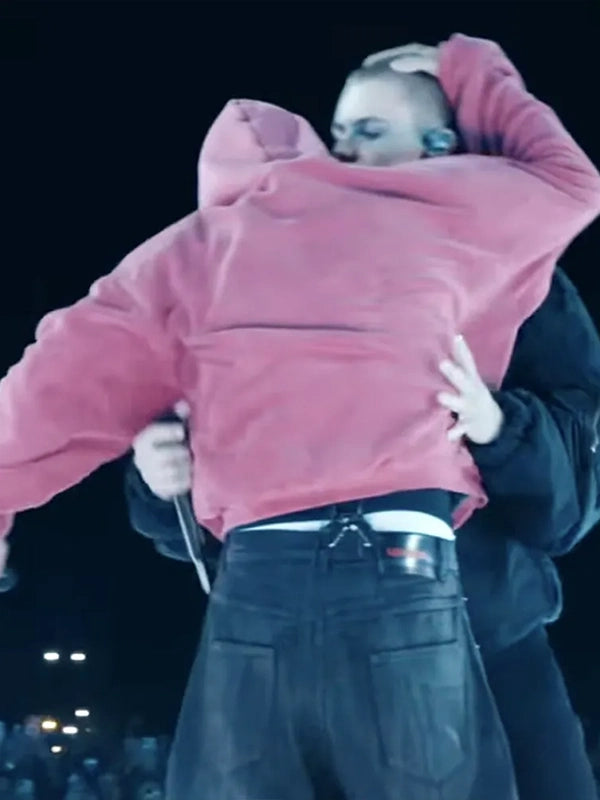 Recreated Justin Bieber Coachella 2026 pink fur hoodie with full-zip closure and cozy oversized feel