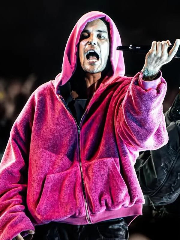 Pink Justin Bieber Coachella 2026 zip up fur hoodie recreated with soft faux fur and standout festival-inspired styling