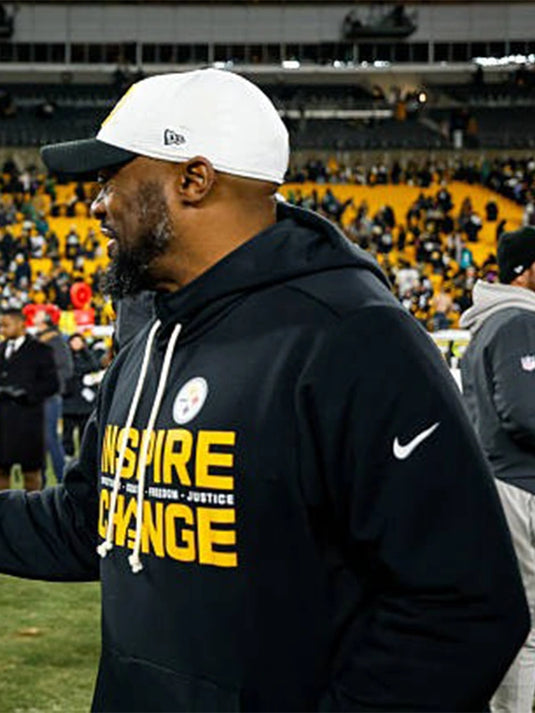 Mike Tomlin 2025 Inspire Change black Nike sideline hoodie featuring Opportunity Equity Freedom Justice lettering
