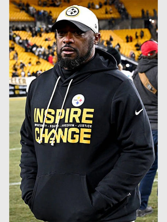 Black Nike sideline hoodie inspired by Mike Tomlin from the 2025 Inspire Change collection with bold message text