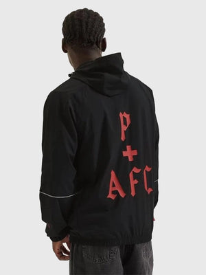 RECREATED Arsenal 2025/26 Adidas x Places + Faces Black Full-Zip Hooded Jacket showcasing a modern outerwear design with bold fan-inspired aesthetics