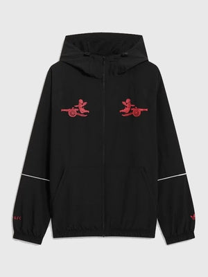 RECREATED Arsenal F.C. Adidas x Places+Faces 2025/26 Full-Zip Hooded Jacket in Black featuring a sleek athletic silhouette with modern streetwear styling