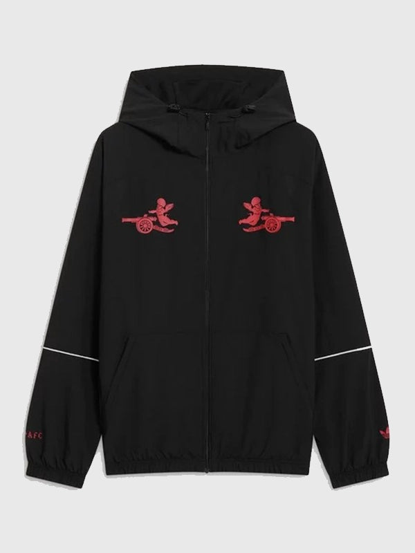 RECREATED Arsenal F.C. Adidas x Places+Faces 2025/26 Full-Zip Hooded Jacket in Black featuring a sleek athletic silhouette with modern streetwear styling