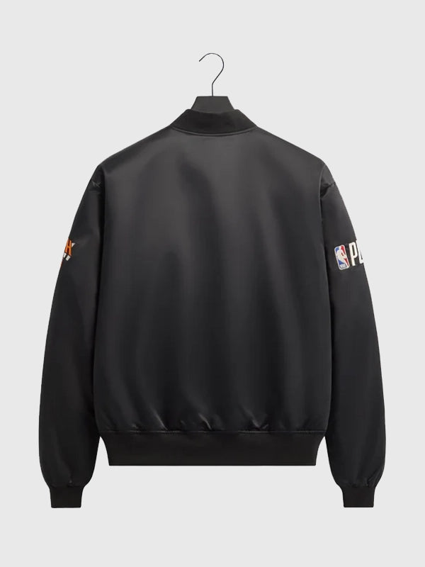 Black satin bomber jacket from RECREATED Knicks 2026 Playoffs collection by Giorgio Armani & Kith, designed with premium sheen and structured varsity-inspired fit