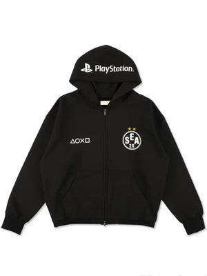 Black zip-up fleece hoodie inspired by the PlayStation and Wind and Sea team collaboration design