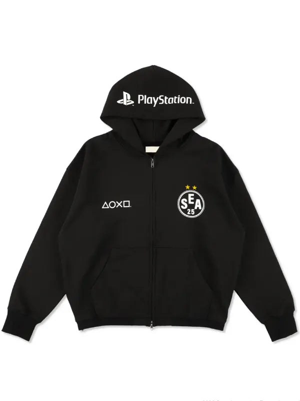 Black zip-up fleece hoodie inspired by the PlayStation and Wind and Sea team collaboration design