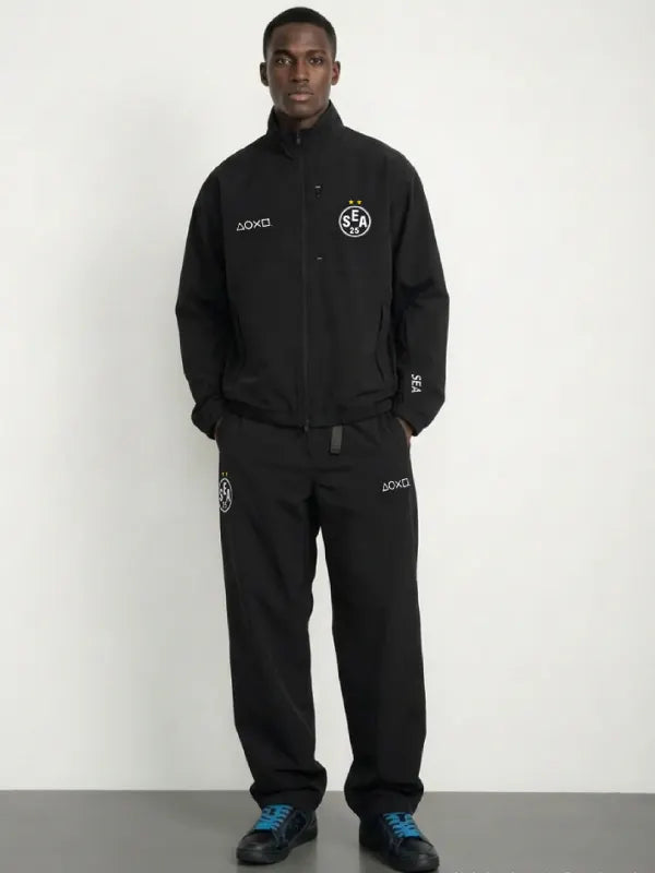 Black tech jacket recreation combining PlayStation design cues with Wind and Sea modern styling