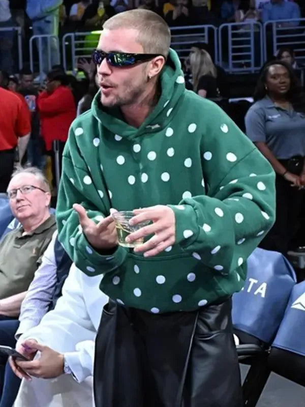 Green Justin Bieber inspired polka dot fleece hoodie built for warmth, mobility, and relaxed casual styling