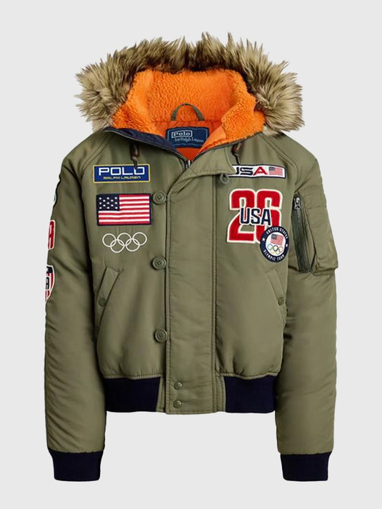 Green Team USA Olympic fur hooded bomber jacket by Polo Ralph Lauren designed for cold-weather wear