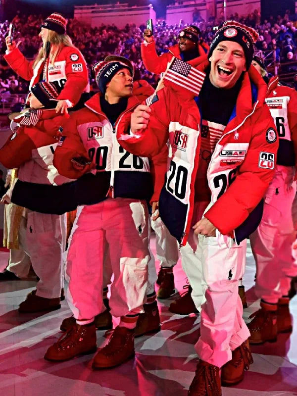 Recreated Polo Ralph Lauren Team USA closing ceremony jacket in red and white with cozy insulation and athletic winter styling