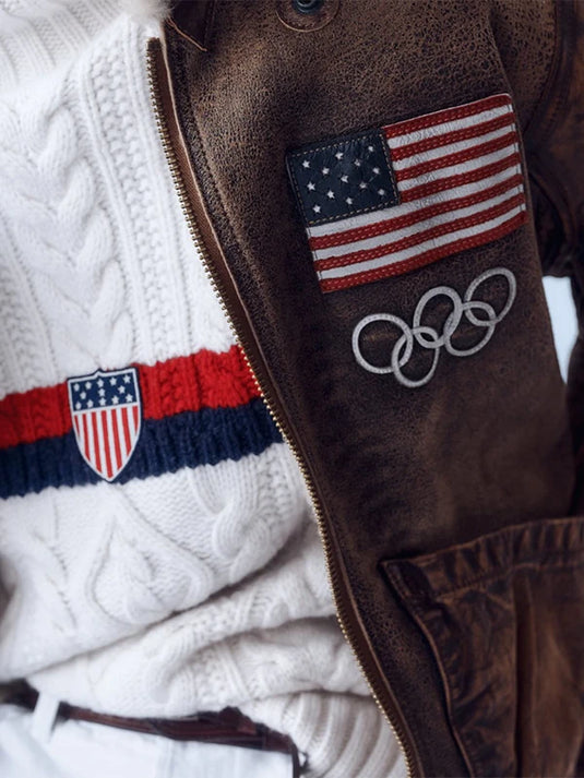 Brown leather flight jacket inspired by Team USA 2026 Winter Olympics and Polo Ralph Lauren heritage