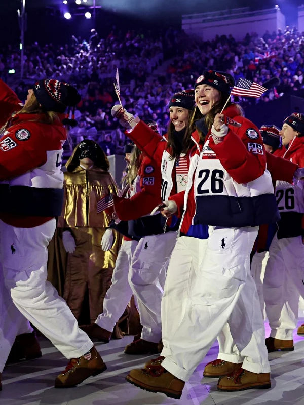 Red and white Milano Cortina 2026 Team USA puffer jacket designed for closing ceremony wear with comfortable hood and quilted warmth