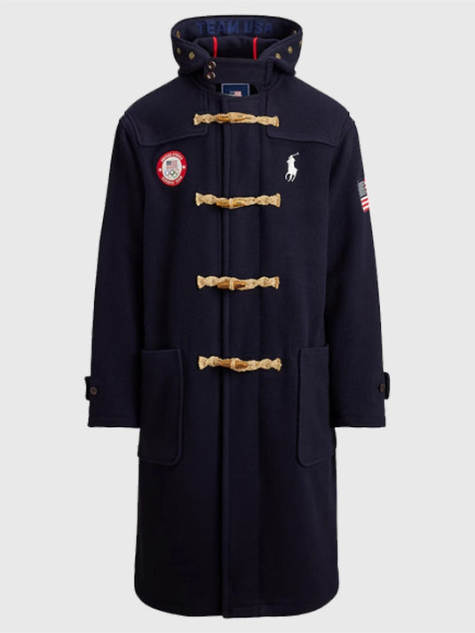 Polo Ralph Lauren Team USA navy blue Flagbearer toggle coat with insulated lining and versatile layering for cold-weather wear