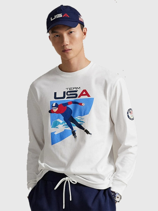 Milano Cortina 2026 Winter Olympics inspired white long-sleeve t-shirt combining Team USA identity with Polo Ralph Lauren casual design