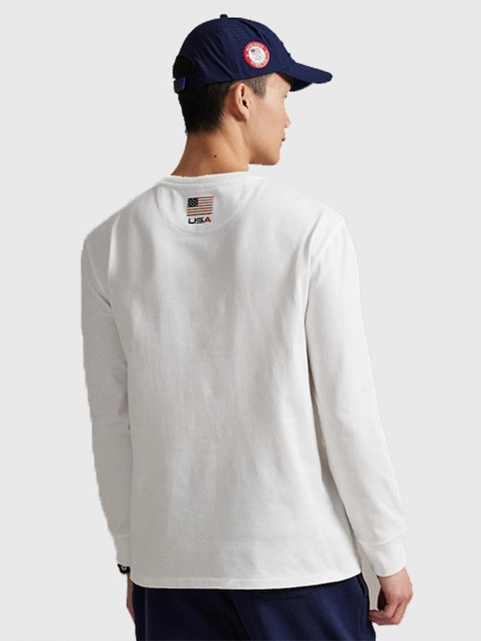 White long-sleeved graphic t-shirt by Polo Ralph Lauren featuring Team USA Milano Cortina 2026 Winter Olympics inspired design