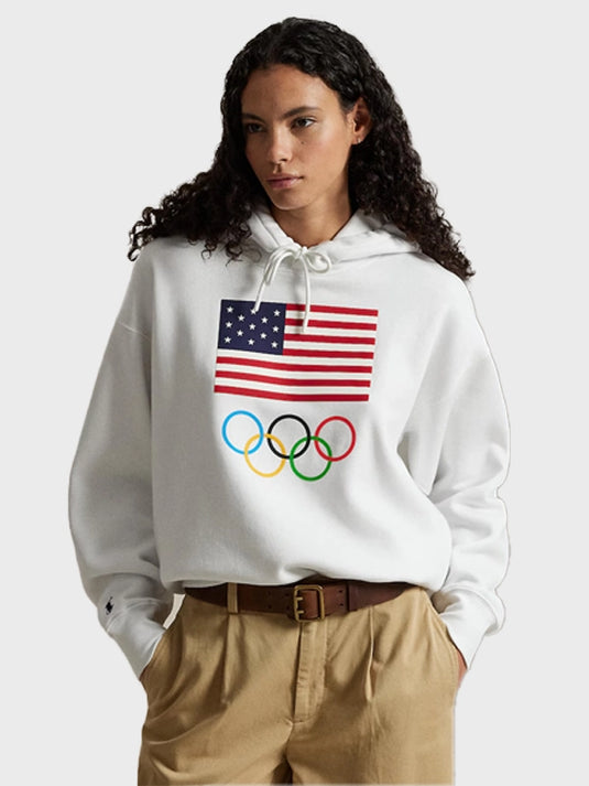 Polo Ralph Lauren Team USA white pullover fleece hoodie inspired by Milano Cortina 2026 Winter Olympics style