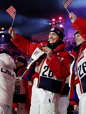 Recreated Polo Ralph Lauren Team USA Milano Cortina 2026 closing ceremony puffer jacket in red and white featuring full-zip front and structured fit