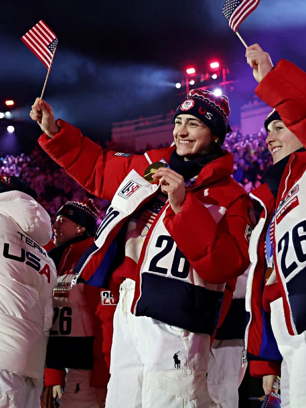 Recreated Polo Ralph Lauren Team USA Milano Cortina 2026 closing ceremony puffer jacket in red and white featuring full-zip front and structured fit