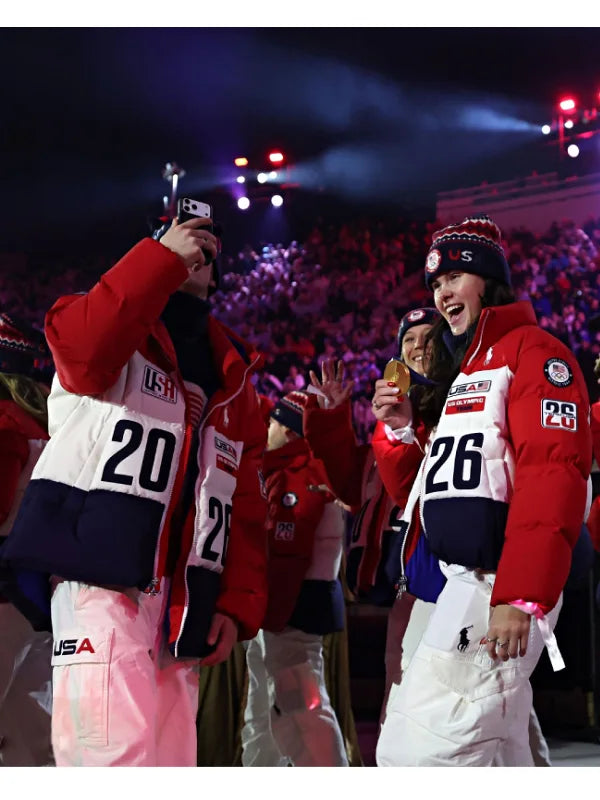Recreated Milano Cortina 2026 Winter Olympics closing ceremony puffer jacket in bold red and white with practical hood and structured design