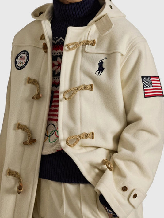 Team USA inspired cream Opening Ceremony toggle coat from Polo Ralph Lauren with insulated warmth and refined silhouette