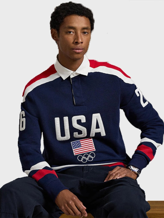 Navy blue rugby sweatshirt by Polo Ralph Lauren featuring Team USA Milano Cortina 2026 Winter Olympics inspired athletic styling