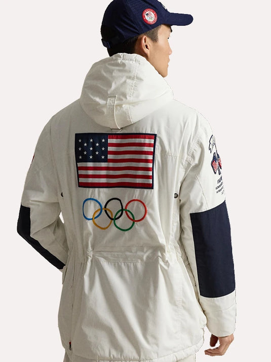 Team USA inspired white insulated hooded anorak jacket from Polo Ralph Lauren with modern sporty silhouette and functional warmth
