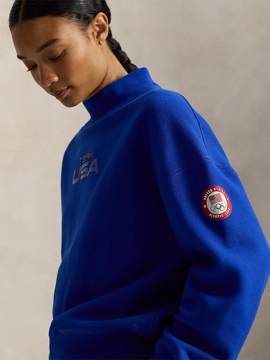 Blue fleece mockneck sweatshirt featuring Team USA Olympic details from Polo Ralph Lauren Milano Cortina 2026 collection