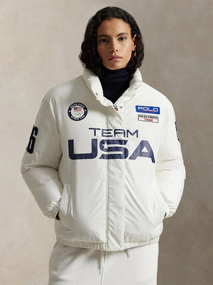 Polo Ralph Lauren white graphic down puffer jacket designed around the Milano Cortina 2026 Winter Olympics Team USA theme with insulated down filling