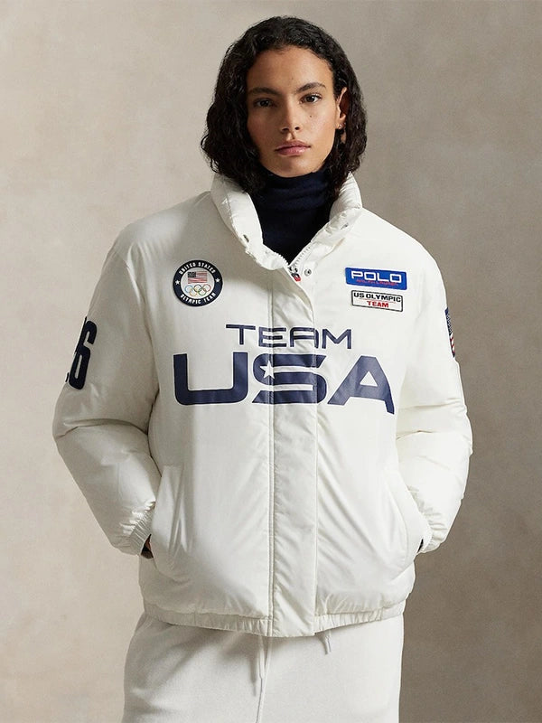 Polo Ralph Lauren white graphic down puffer jacket designed around the Milano Cortina 2026 Winter Olympics Team USA theme with insulated down filling