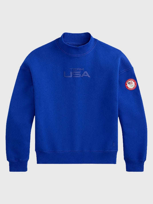 Blue fleece mockneck sweatshirt from Polo Ralph Lauren featuring Team USA Milano Cortina 2026 Winter Olympics design