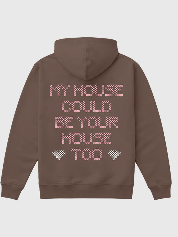 RECREATED brown fleece hoodie from Sabrina Carpenter Pretty Girl Ave 2026 collection, featuring pullover style construction and warm casual street-inspired look