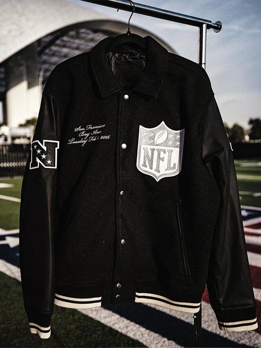 Black RECREATED Abercrombie Pro Bowl Games 2026 varsity jacket featuring wool body and leather sleeves