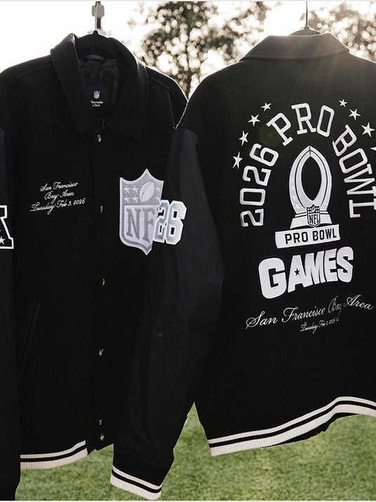 RECREATED Abercrombie 2026 Pro Bowl Games black wool varsity jacket with leather sleeves and classic fit