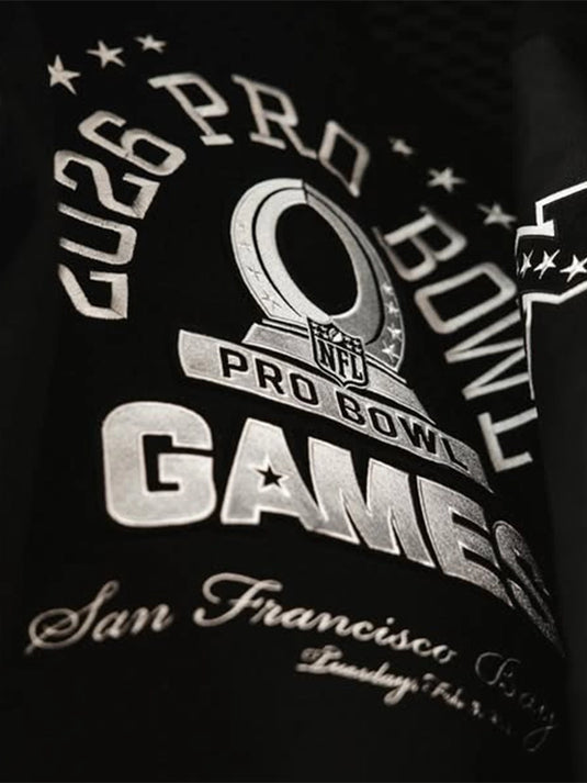 Abercrombie RECREATED Pro Bowl Games 2026 black wool varsity jacket with leather sleeves and full snap front