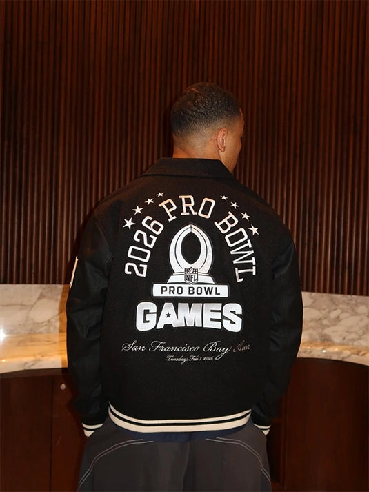 Recreated 2026 Pro Bowl Games varsity jacket by Abercrombie, designed in black with traditional wool construction and leather sleeve detailing.