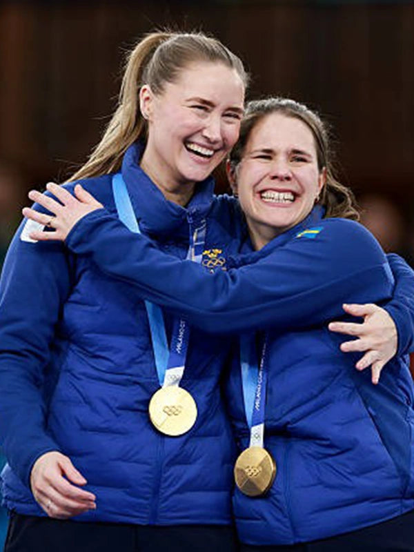 Recreated blue Uniqlo Team Sweden curling event puffer coat offering breathable insulation and clean Nordic styling