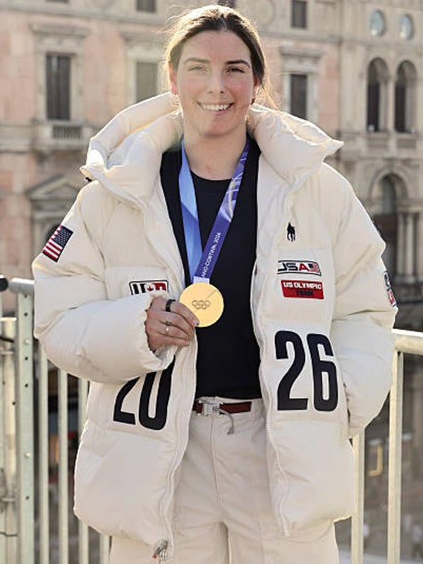 Off-white Team USA flagbearer jacket inspired by Hilary Knight for Milano Cortina 2026 closing ceremony with structured winter silhouette