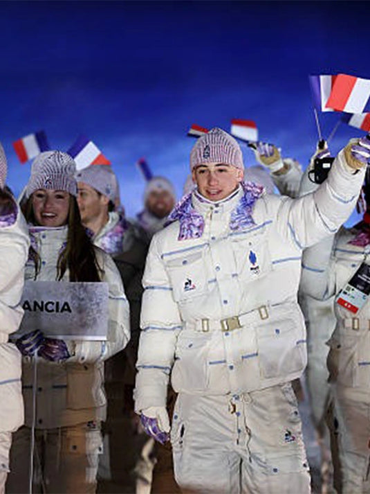 Milano Cortina 2026 Team France hooded puffer jacket by Le Coq Sportif in beige with insulated winter warmth