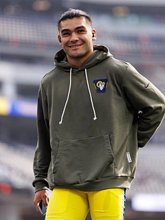 Los Angeles Rams Nike Olive Green 2025 Salute to Service Hoodie crafted with soft Dri-FIT fleece and team graphics.