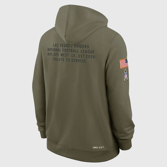 Olive green Nike Las Vegas Raiders 2025 Salute to Service Standard Issue hoodie made with soft performance fleece.